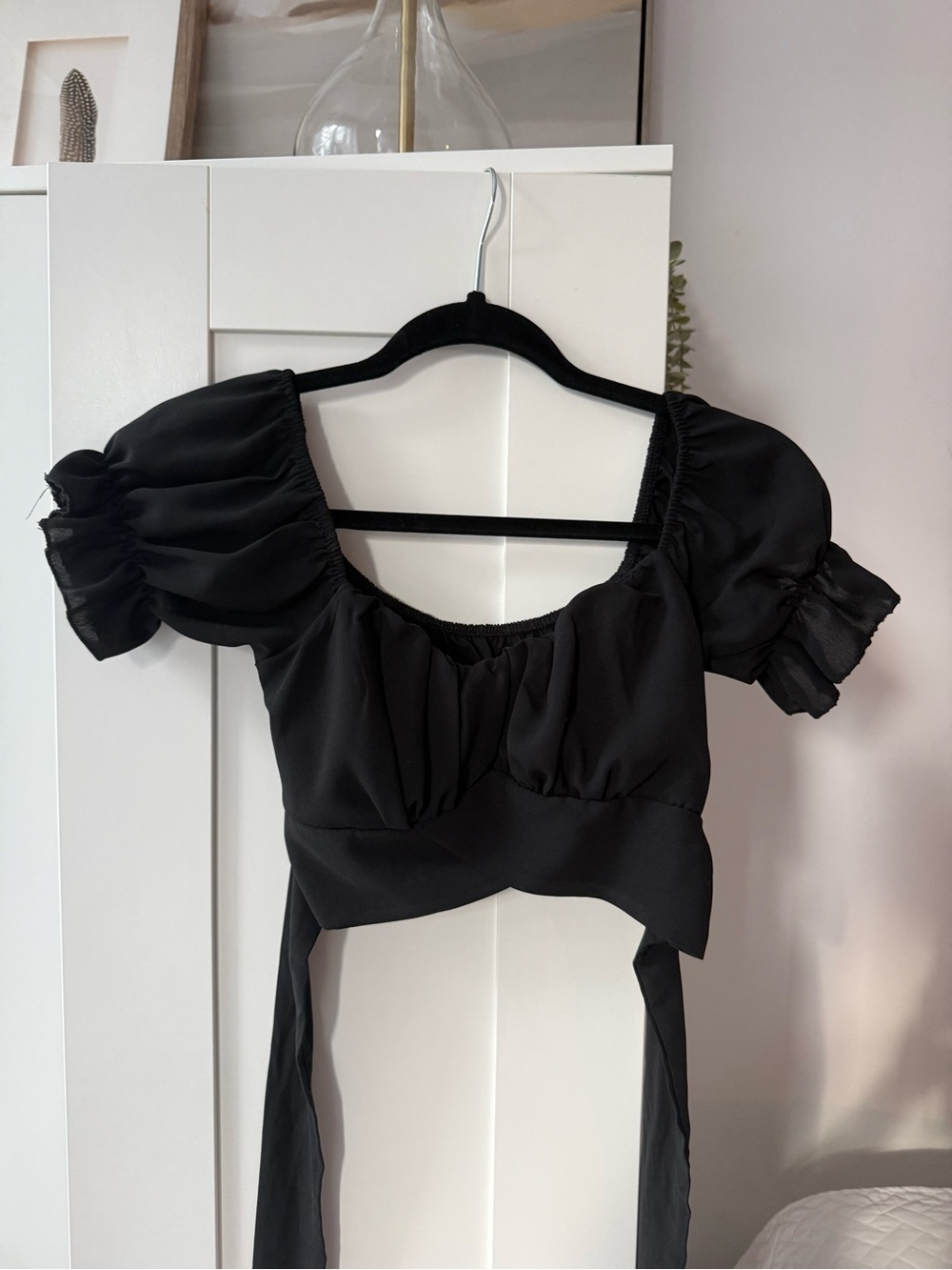 Black Puff Sleeve Crop Top with Tie Back - Women's